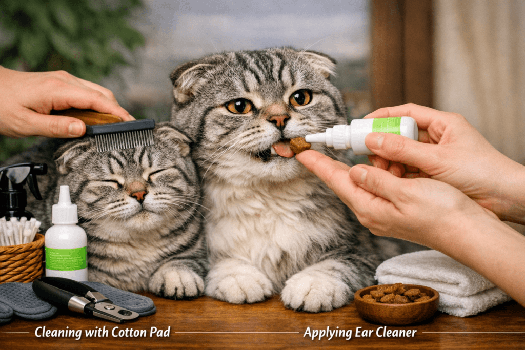 Scottish Fold cat being brushed, receiving a treat from owner's hand, with a feather toy and owner petting the cat during grooming session
