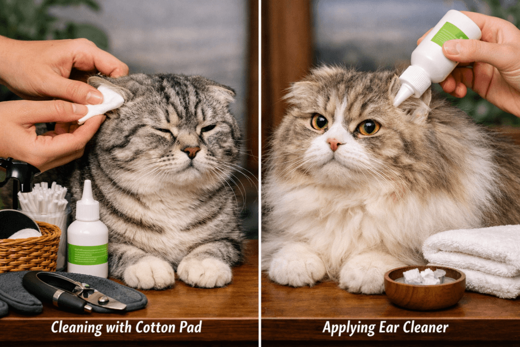 Two Scottish Fold cats receiving ear care — one being cleaned with a cotton pad, the other having ear cleaner drops applied — with grooming tools and accessories on a wooden table