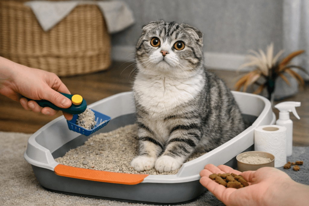 Scottish Fold cat calmly sitting during a short training session with a clicker and treats, showing consistency and patience in training success.