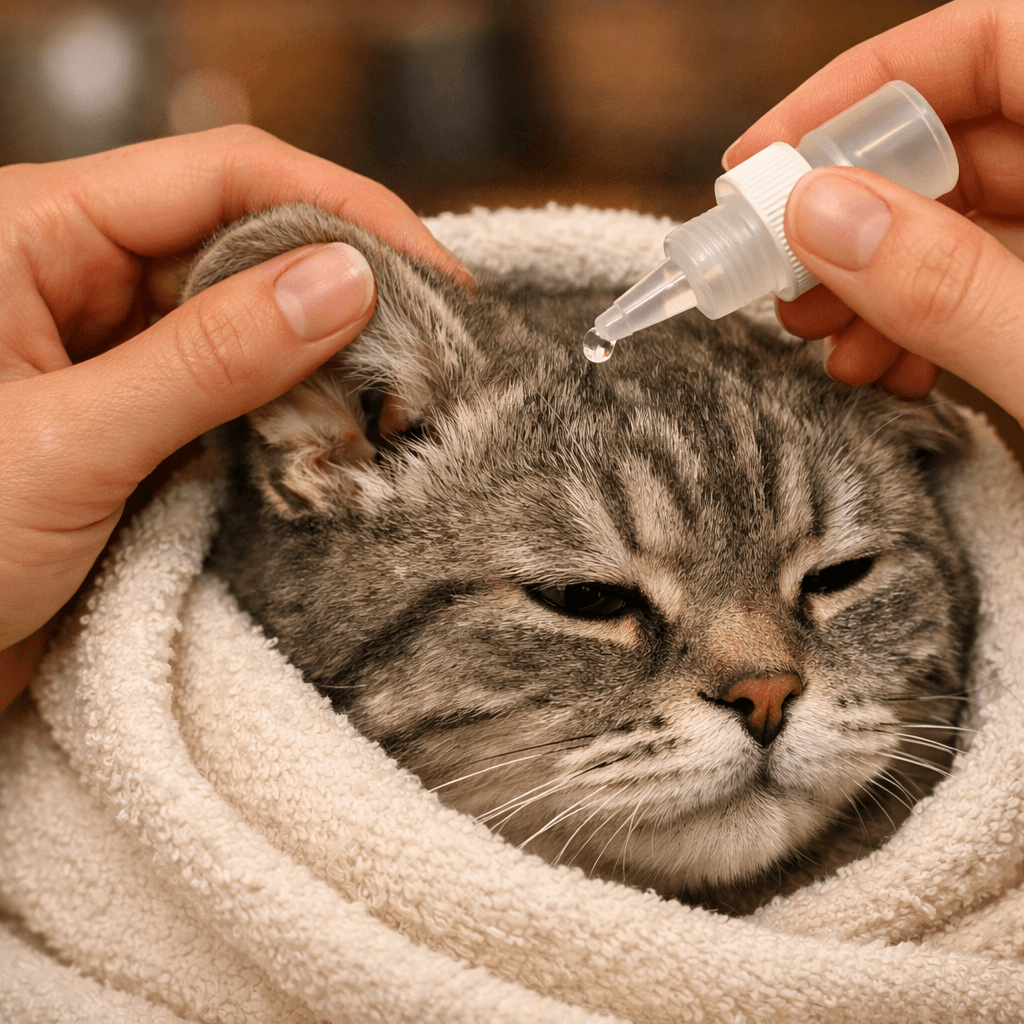 Owner applying ear cleaning drops into Scottish Fold cat ear using a dropper