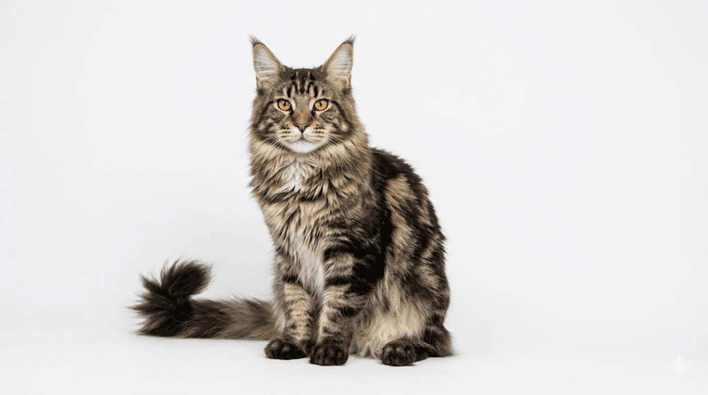 Maine Coon cat the biggest cat breeds sitting with long fluffy coat and tufted ears