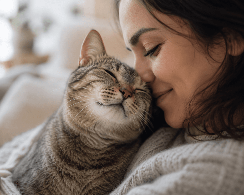 Cat purring while bunting owner's face, a sign of deep affection