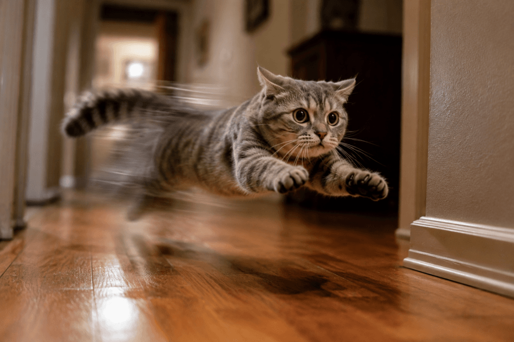 Cat Zoomies at Night Cat running through a hallway during a nighttime zoomies episode