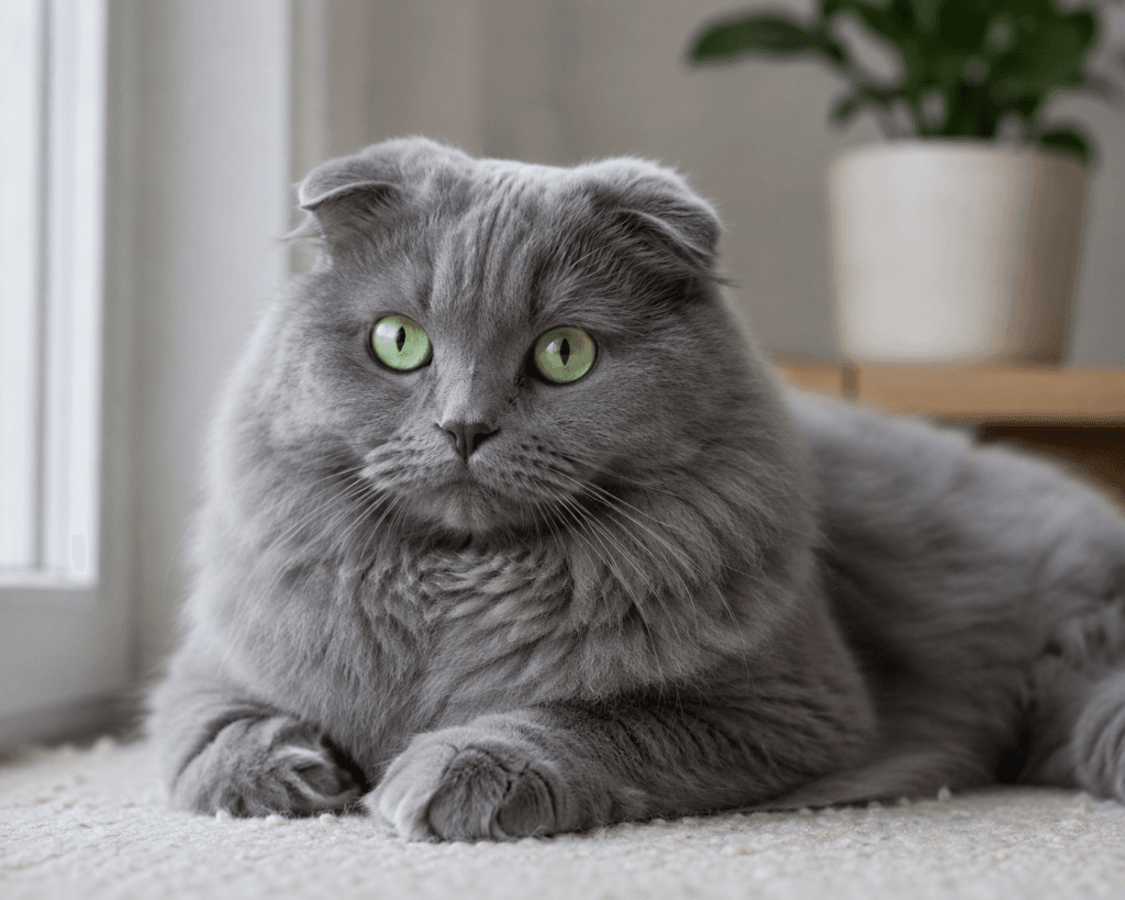 Scottish Fold Longhair | Highland Fold Cat Personality, Cost & Care Facts 2 Grey Scottish Fold Longhair cat with folded ears and green eyes lying down