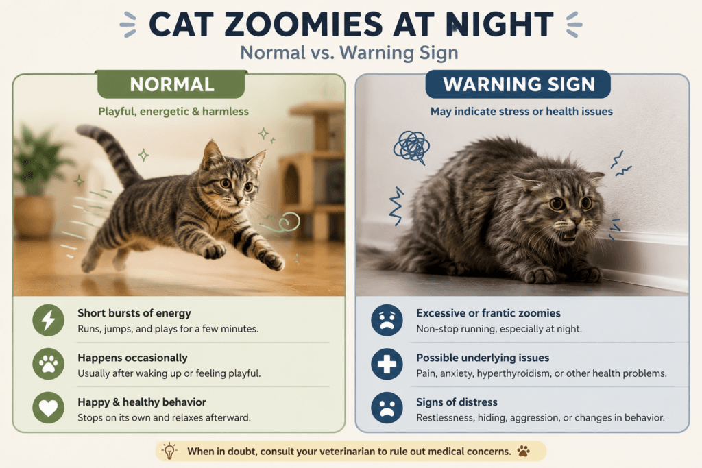 Comparison of normal cat zoomies versus medical warning signs