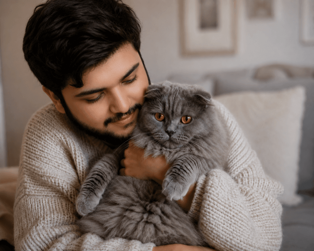 Scottish Fold Longhair | Highland Fold Cat Personality, Cost & Care Facts 3 Owner cuddling an affectionate Scottish Fold Longhair cat at home