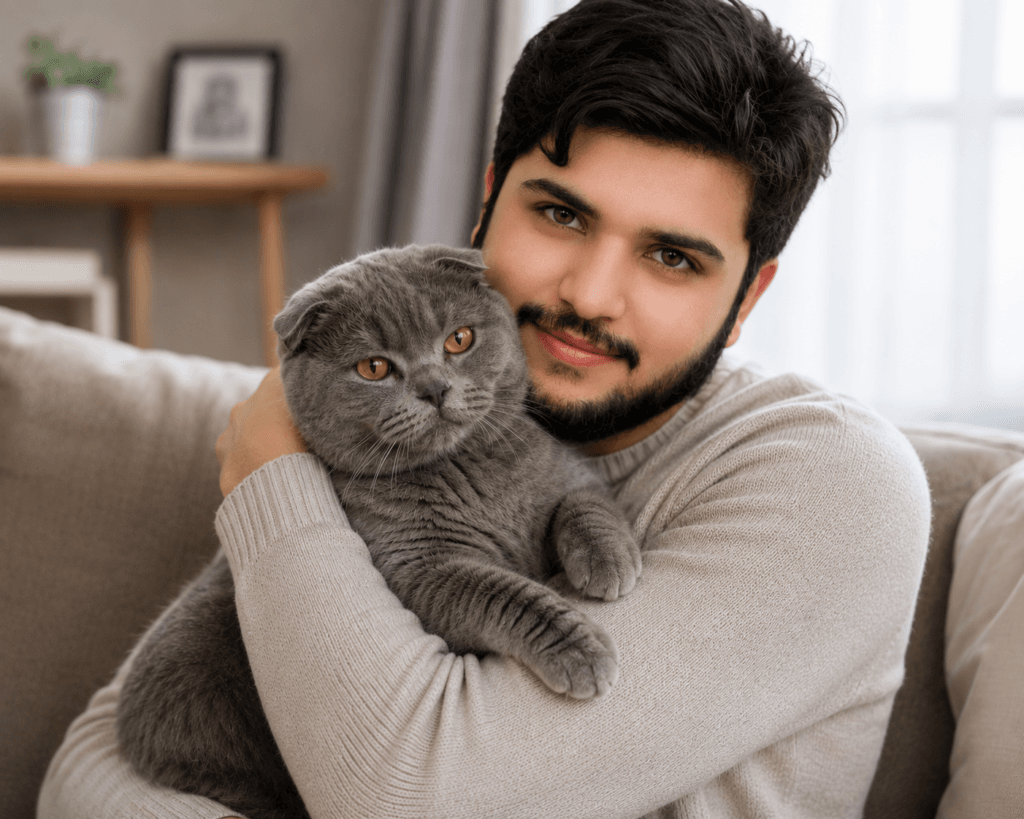 Owner holding an affectionate Scottish Fold British Shorthair mix cat