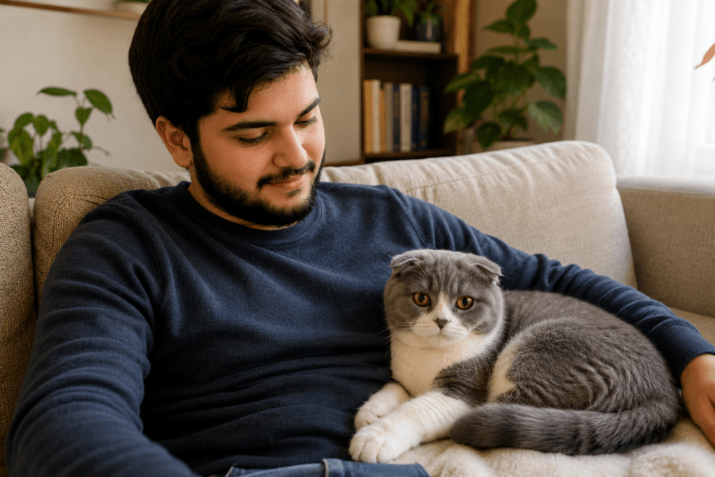 Scottish Fold British Shorthair mix cat relaxing with owner at home