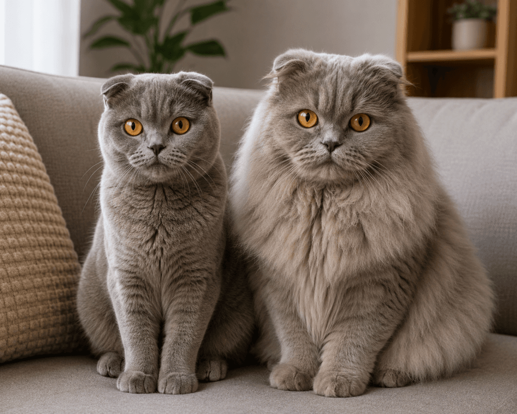 Scottish Fold Longhair | Highland Fold Cat Personality, Cost & Care Facts 1 Scottish Fold shorthair and Scottish Fold Longhair sitting together on a couch