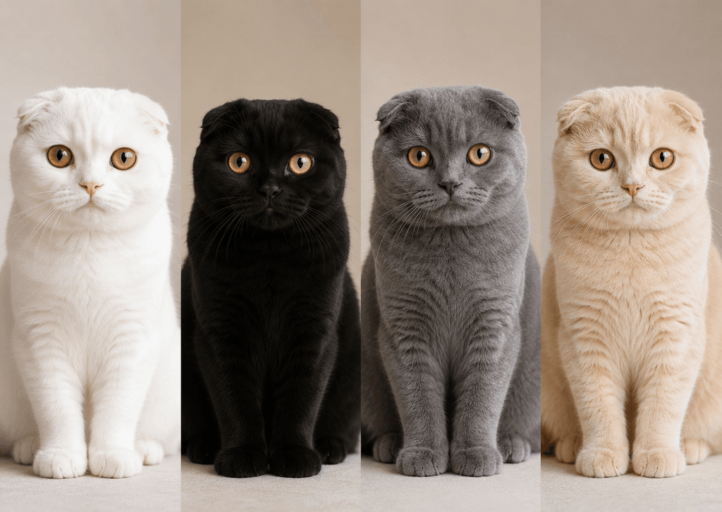 Four Scottish Fold cats showing different coat colors including white, black, blue and cream