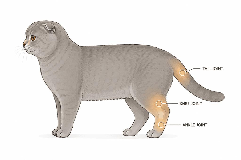 Diagram showing Scottish Fold joint areas affected by cartilage condition