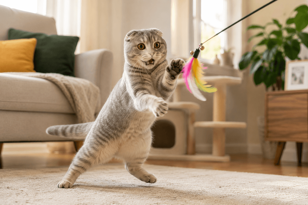 Healthy weight Scottish Fold cat playing actively