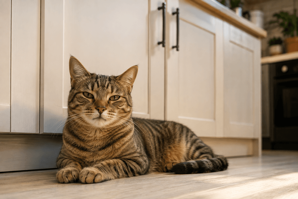 Calm cat resting near a closed cabinet where sugar-free products are stored