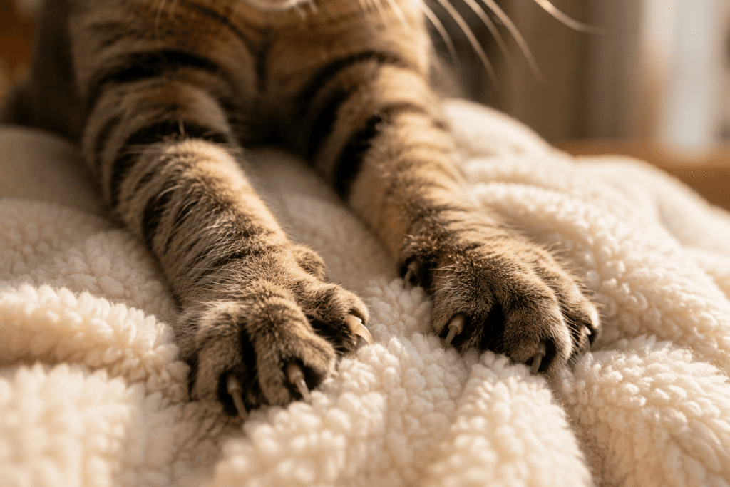 Close-up of a cat's paws kneading a soft blanket