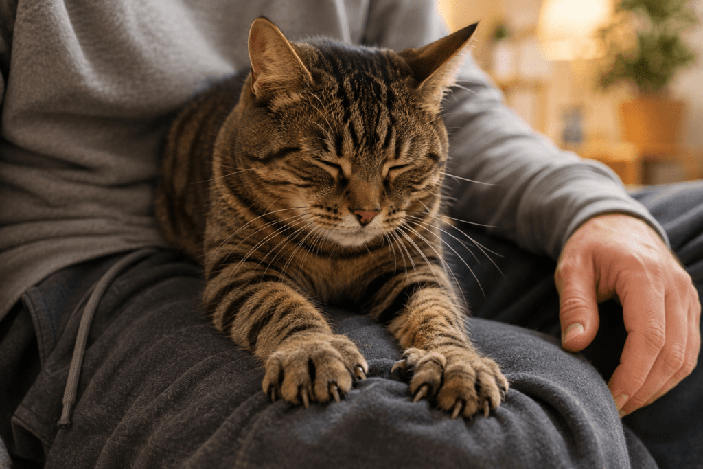 Cat kneading owner's lap with claws slightly extended