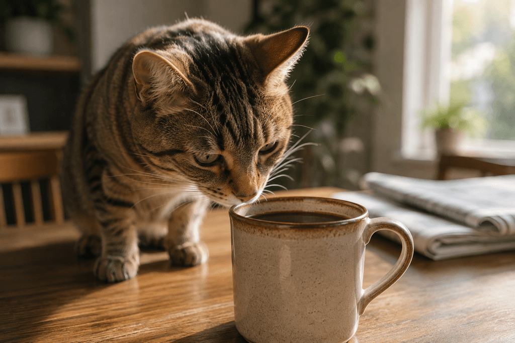 Cat sniffing a coffee mug left unattended on a table
