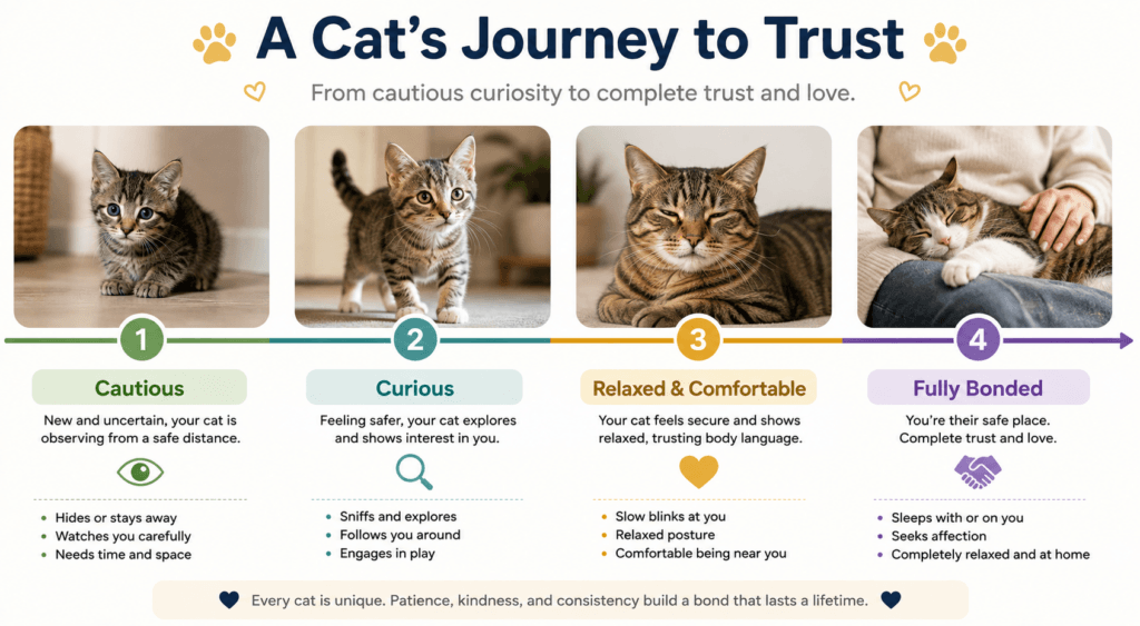 Timeline showing how long it takes a cat to trust you, from days to months
