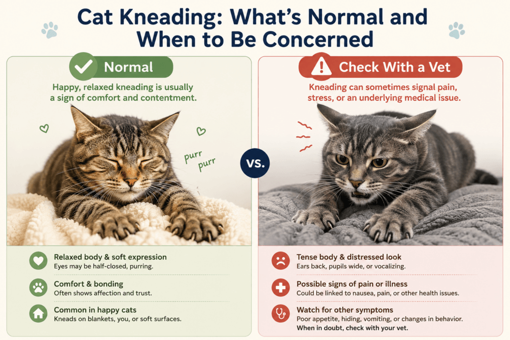 Comparison of normal cat kneading versus signs worth a vet visit
