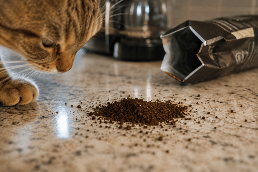 Spilled coffee grounds on a counter with a cat nearby, a common household risk