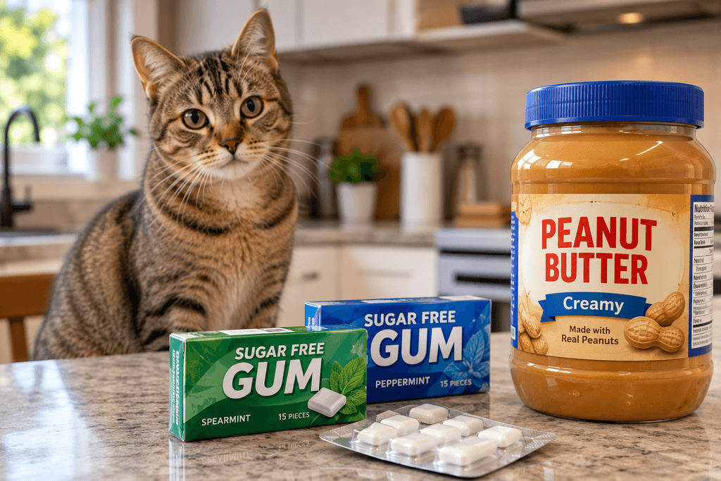 Sugar-free gum and peanut butter near a cat, common sources of Xylitol toxic to cats