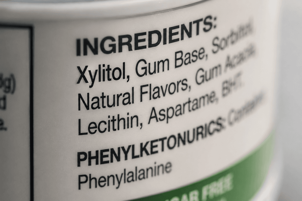 Close-up of a product label listing xylitol as an ingredient