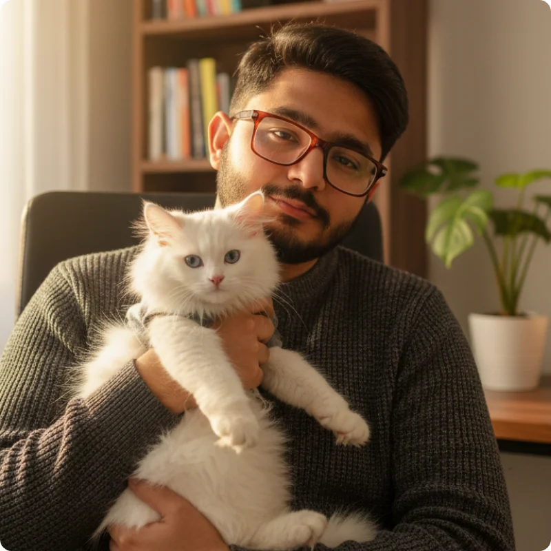 Ahsan Ali, the founder of Cats Mastery, wearing glasses and a grey sweater, holding a fluffy white cat in a cozy home office setting.