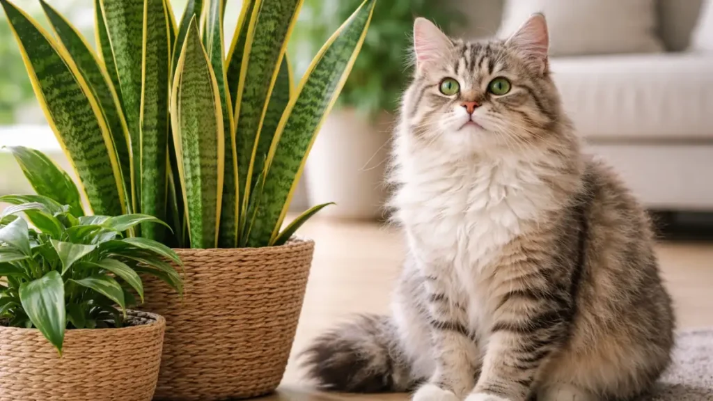 A cat sitting beside a snake plant inside a home