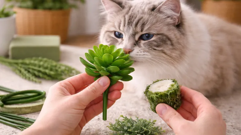 A cat sniffing artificial plant leaves and stems