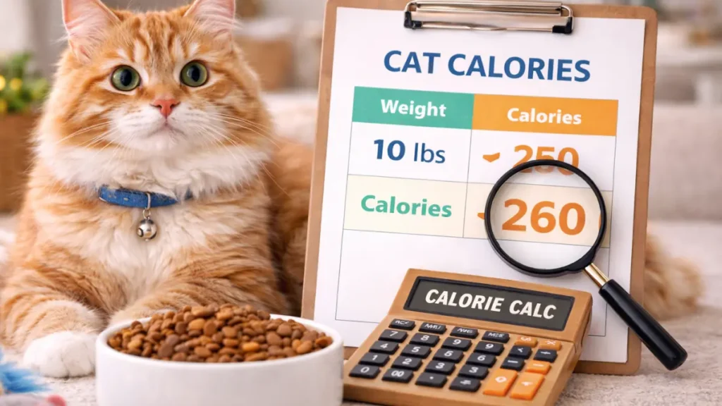 Cat calorie calculator displaying daily calorie intake for a cat based on weight and food