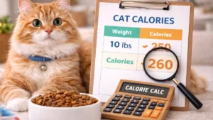 Cat calorie calculator displaying daily calorie intake for a cat based on weight and food