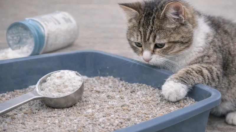 A cat touching a litter box containing baking soda while a measuring scoop is visible