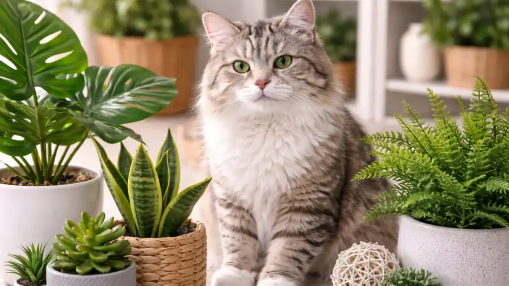 A cat sitting beside artificial houseplants indoors.