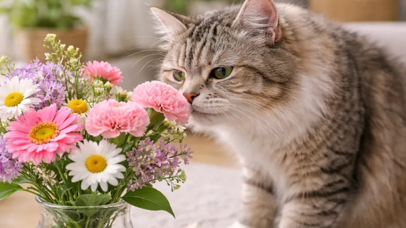 A cat smelling a bouquet of flowers indoors, showing how cats are commonly exposed to flowers at home