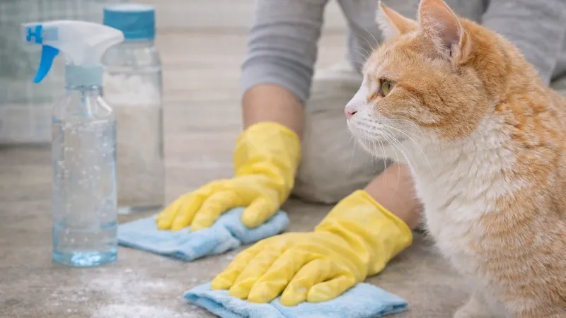 A cat sitting near cleaning supplies while a person wipes the floor using gloves and a baking soda solution