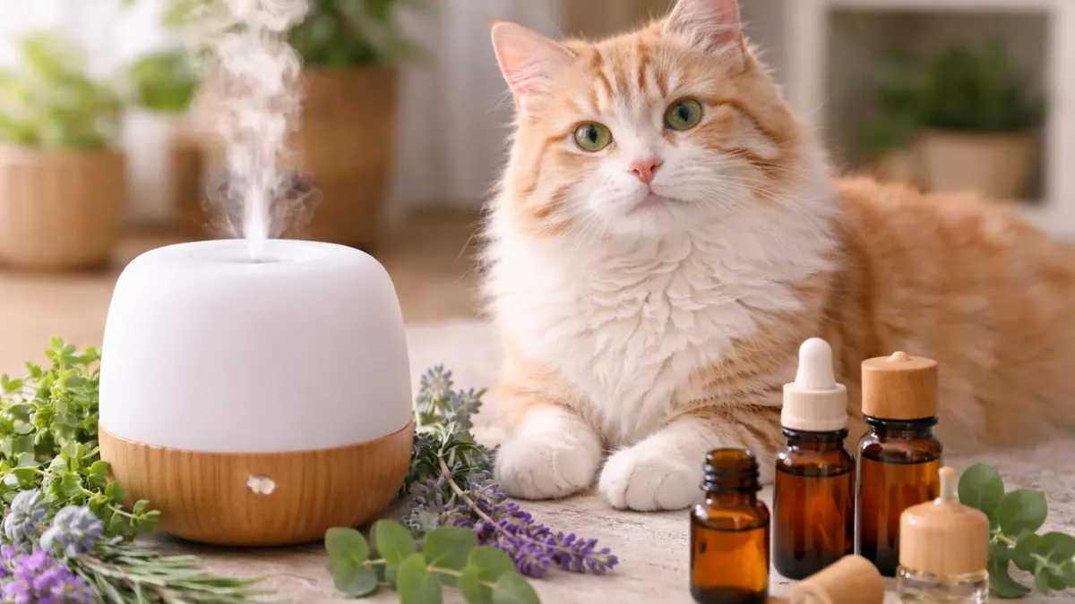 A cat sitting near an essential oil diffuser and bottles inside a home.
