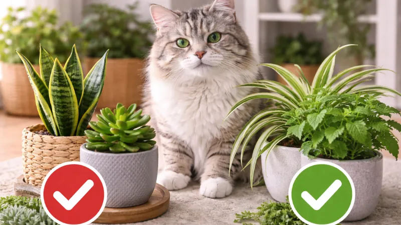 A cat sitting between artificial plants and real non toxic houseplants