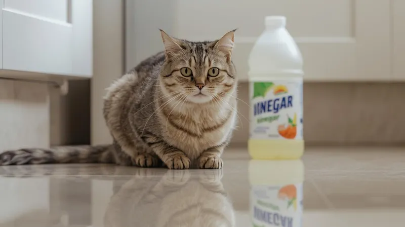 A calm domestic cat sitting on a kitchen floor with a vinegar bottle placed safely on a countertop during cleaning