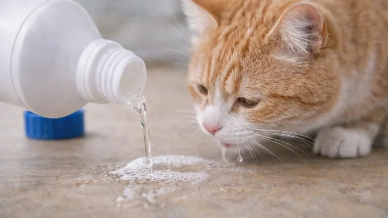 Cat sniffing spilled hydrogen peroxide on the floor