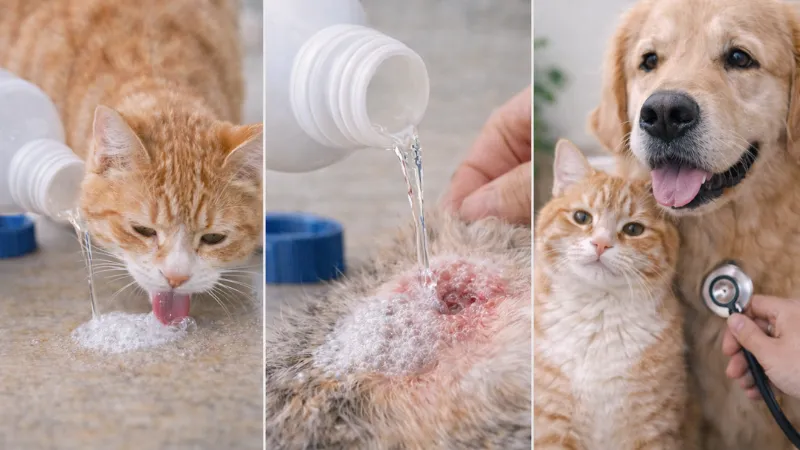 Cat investigating hydrogen peroxide spill on floor, showing common exposure risk during home cleaning or wound care.