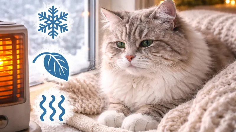 An indoor cat resting near a heater during winter