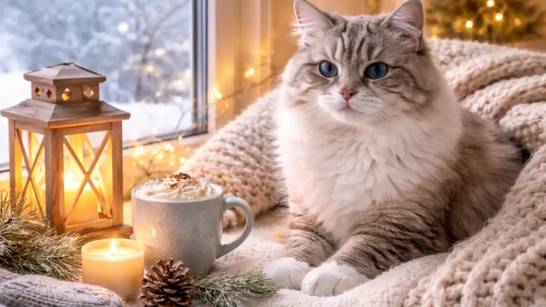 An indoor cat resting in a warm cozy winter setting