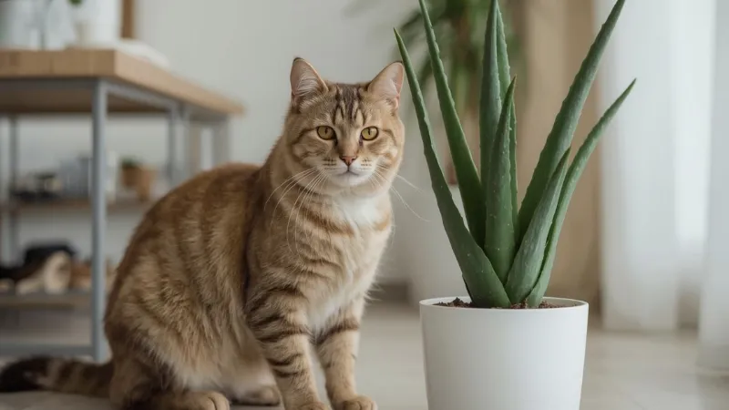 A calm gray medium haired cat sitting indoors next to an aloe vera plant placed safely in a pot