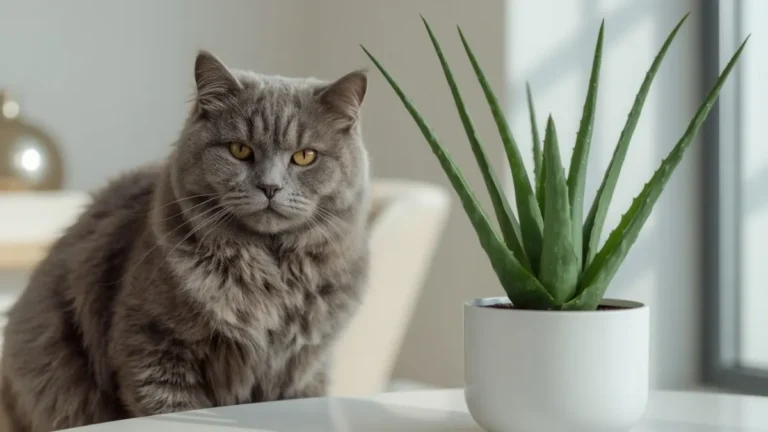 A calm gray medium haired cat sitting indoors near an aloe vera plant placed safely out of reach