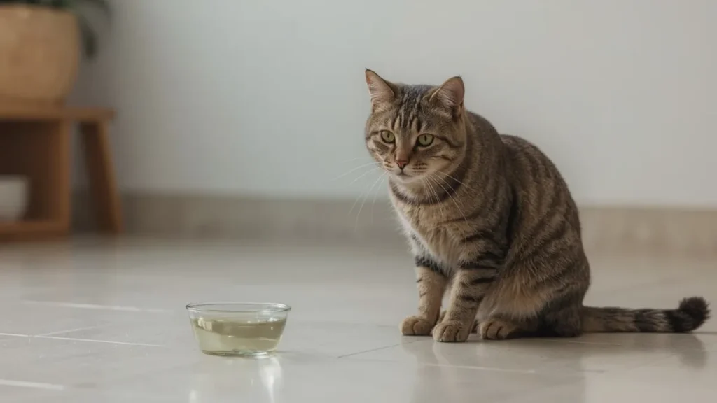 A calm domestic cat sitting near a small bowl of diluted vinegar on a clean floor at home