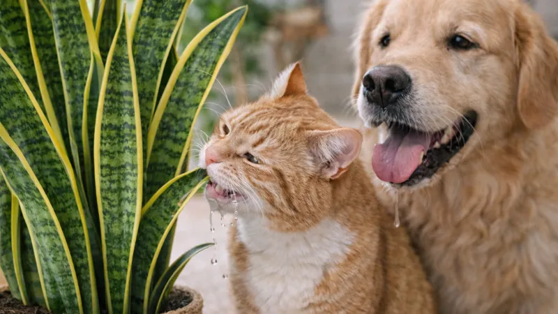 A cat and a dog sitting near a snake plant, showing potential risk of snake plant toxicity for household pets
