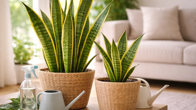 Two snake plants placed indoors in living room, showing common household plant exposure for cats