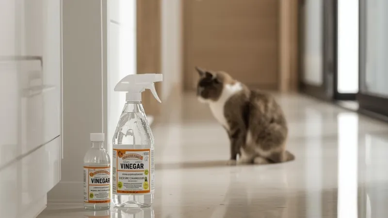 A calm cat sitting away from a freshly cleaned floor while a diluted vinegar spray bottle is kept on a kitchen counter