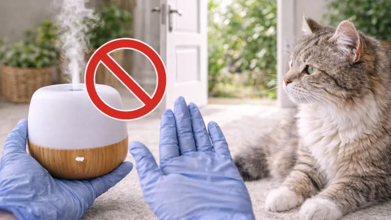 A cat near a diffuser with a stop gesture showing essential oil avoidance