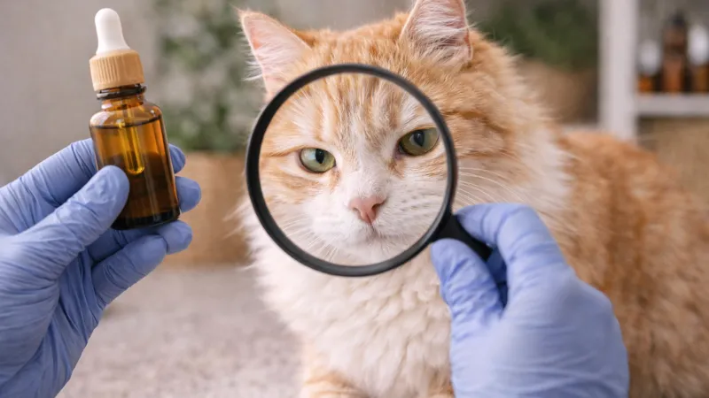 A cat examined closely near an essential oil bottle