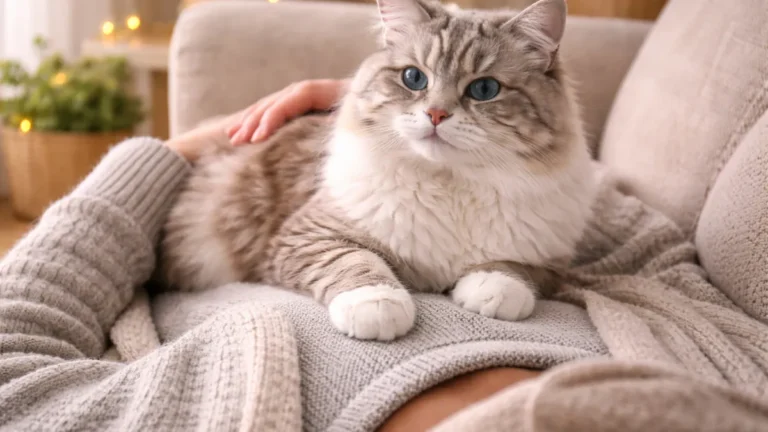 Cat sitting comfortably on owner lap indoors